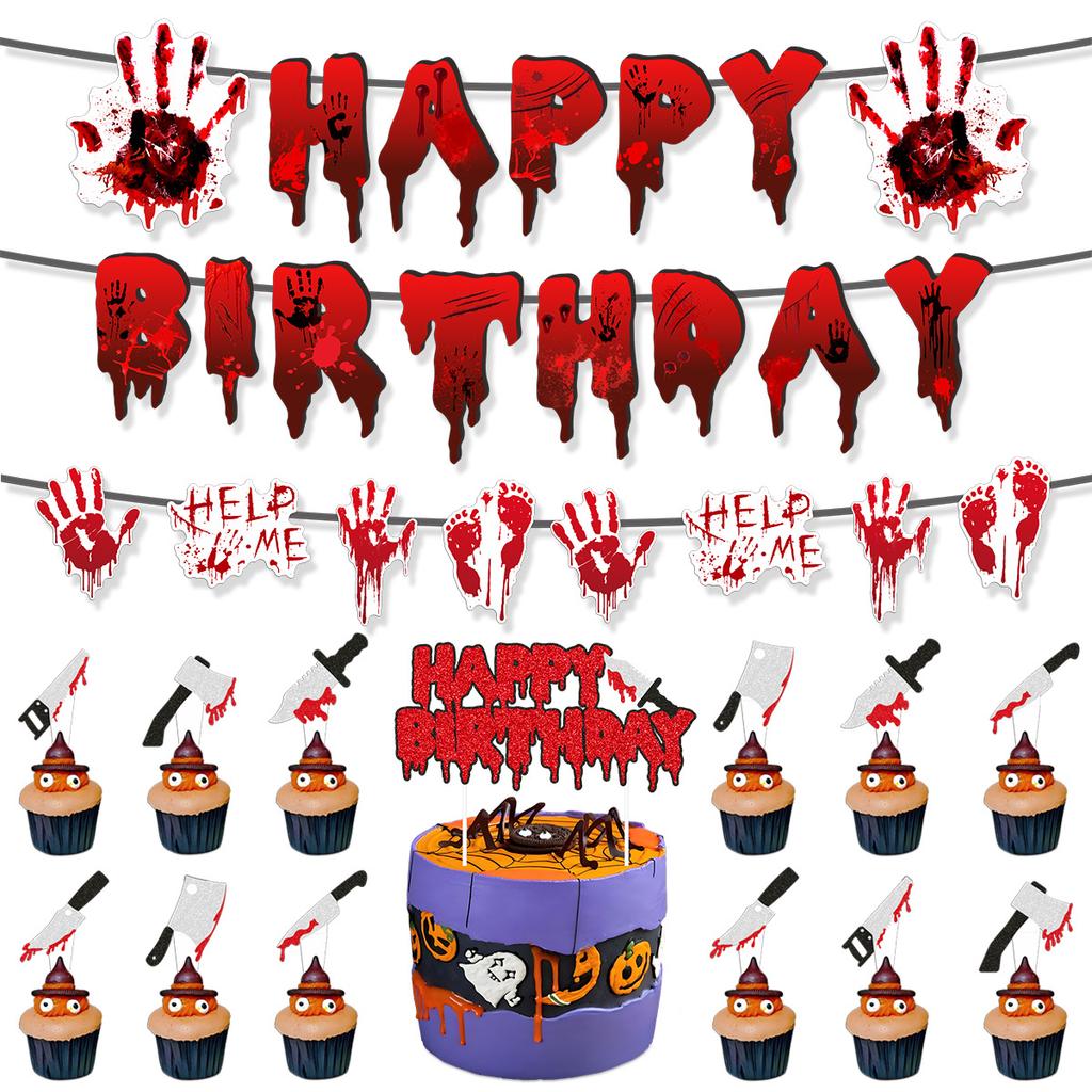 Halloween Bloody Horror Party Arrangement Bloody Handprint Birthday Flag Honeycomb Ornament Set