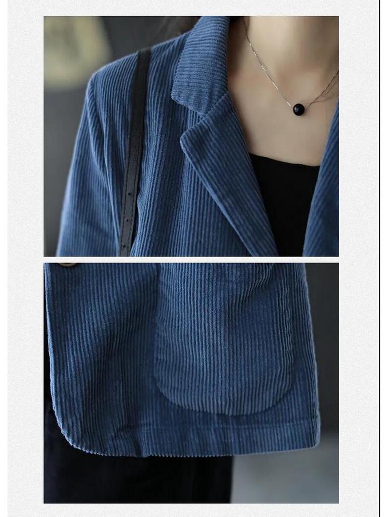 Spring 2023 Women's Corduroy Suit Collar Jacket - Retro Casual Solid Color Long Sleeve Outerwear