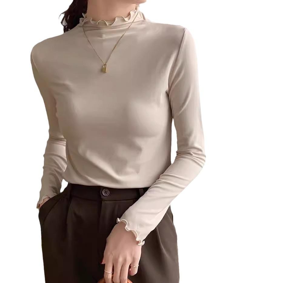 Women's Long-Sleeve T-Shirt: New Autumn/Winter Korean Style, High Neck, Slim Fit, Flattering with Ruffled Hem – Ideal Base Layer.