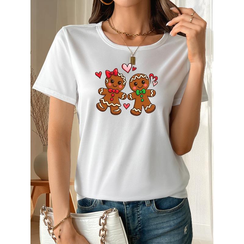 Women S Short-Sleeved T-Shirt with Ginger Candy Cookie Theme, Round-Neck Short-Sleeved T-Shirt, Patterned Printed Round-Neck T-Shirt, S белый
