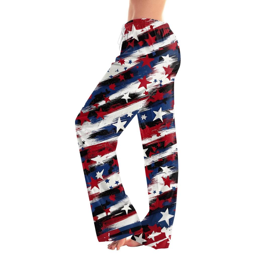 Damen-Hose mit Kordelzug-Taille, lockere Passform, Aufdruck zum Unabhängigkeitstag, lange Hose, lässige entspannte Hose mit Sternenmuster-Design