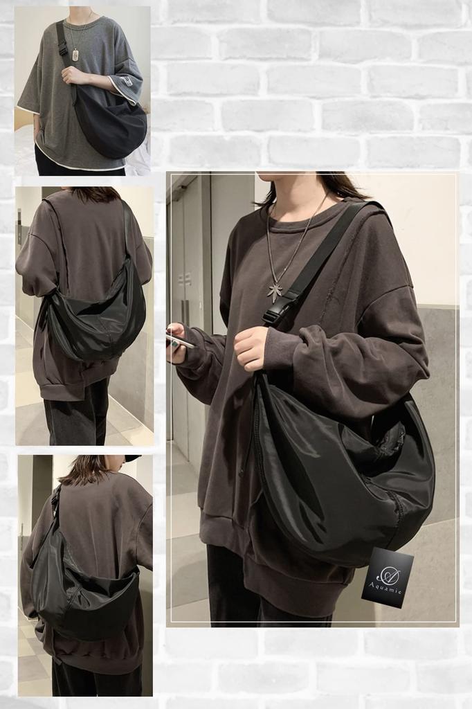 Aquamie Messenger Bag, Crossbody Nylon Shoulder Bag, Solid Color, Lightweight, Student Size, A4 Size, Horizontal, Zippered, Simple, White (Off-White)