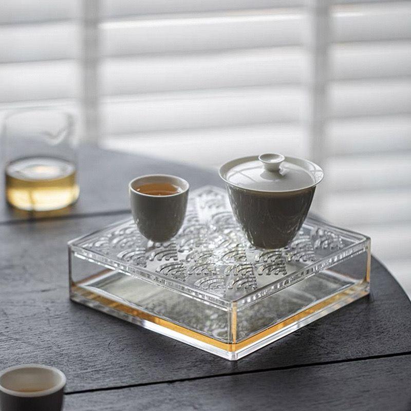 Acrylic Transparent Small Tea Tray Household Tea Bearing Belt Cover Dry Brewing Table Tea Tray Kung Fu Teaware Tool Accessories