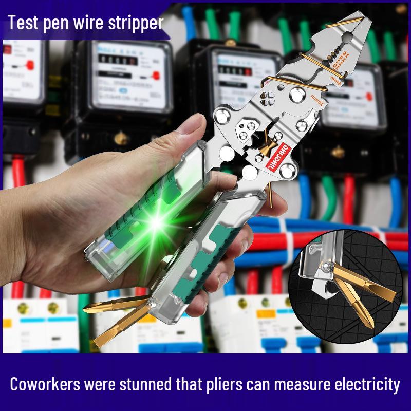 Electrician's Multifunction Tool: Pen-Style Wire Stripper, Cutter, Crimper, and Foldable Screwdriver.