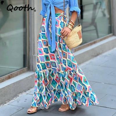 BOHO A-Line Maxi Skirt with Floral Print Elastic Waist Wide Hem Summer Casual Dress Skirt QT2724