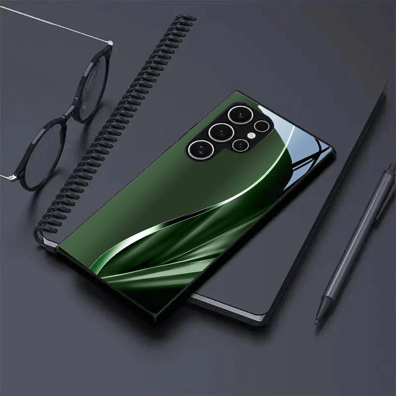 Dark green silver curved black glass phone case suitable for Samsung Galaxy S26 S25 S24 S22 S21 S20 FE/Ultra/Plus anti fall