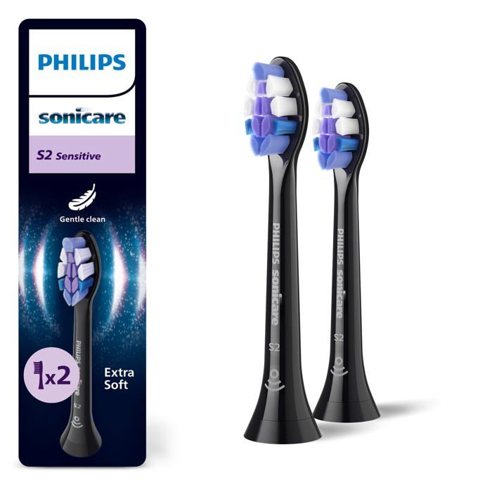 Têtes de brosse de rechange sensibles - Philips - S2 Sensitive - Lot de 2 - Noir - Élimine jusqu'à 10x plus de plaque