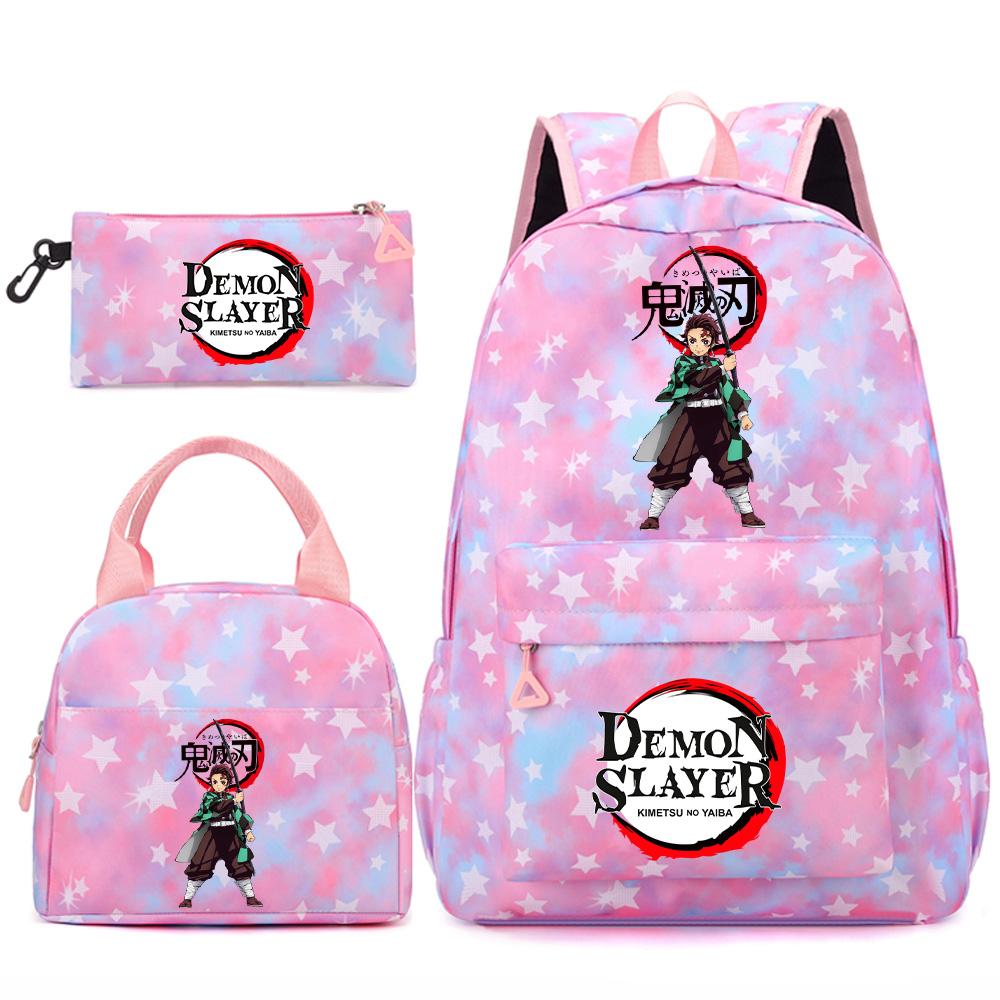 3 st/set Tecknad Demon Slayer Tryckt Ryggsäck Handväska Pennskrin för Tonåring Student Flicka Pojke Skolväska Stor Kapacitet Vattentät Resväska Gåva