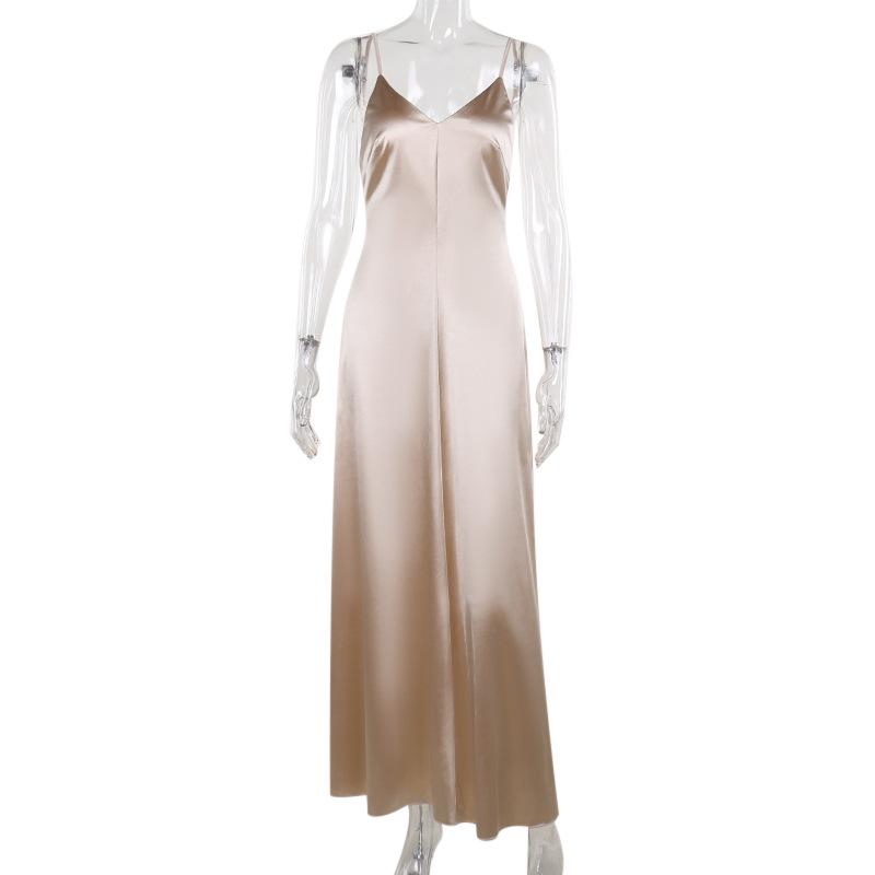Fall Long Dress Women's Socialite Style Sexy V-neck Backless Satin Halter Dress