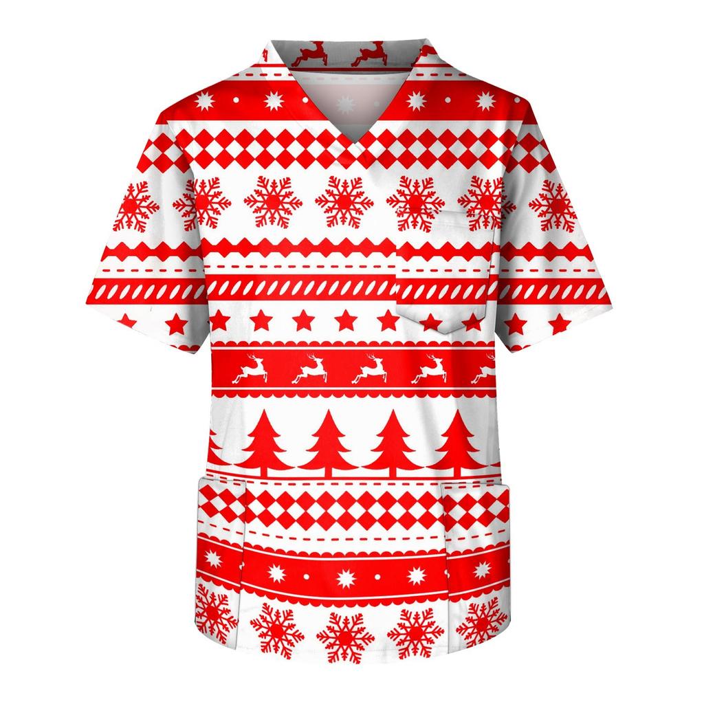 Heren Korte Mouw V-Hals Kerstprint Borstzak Zorgtop