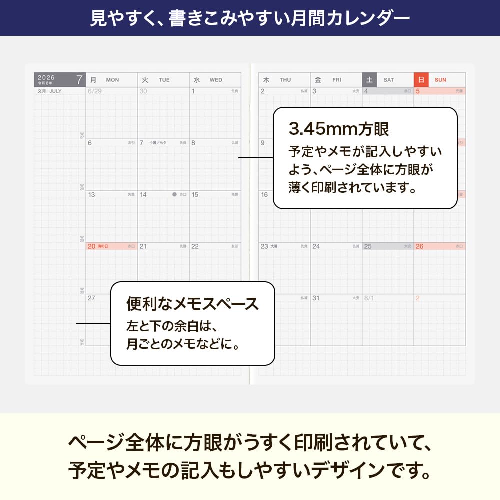 Hobonichi Techo 2026 Original A6 Planner avec [1 Day Per Page, Split Year (Jan Start), Monday Start]