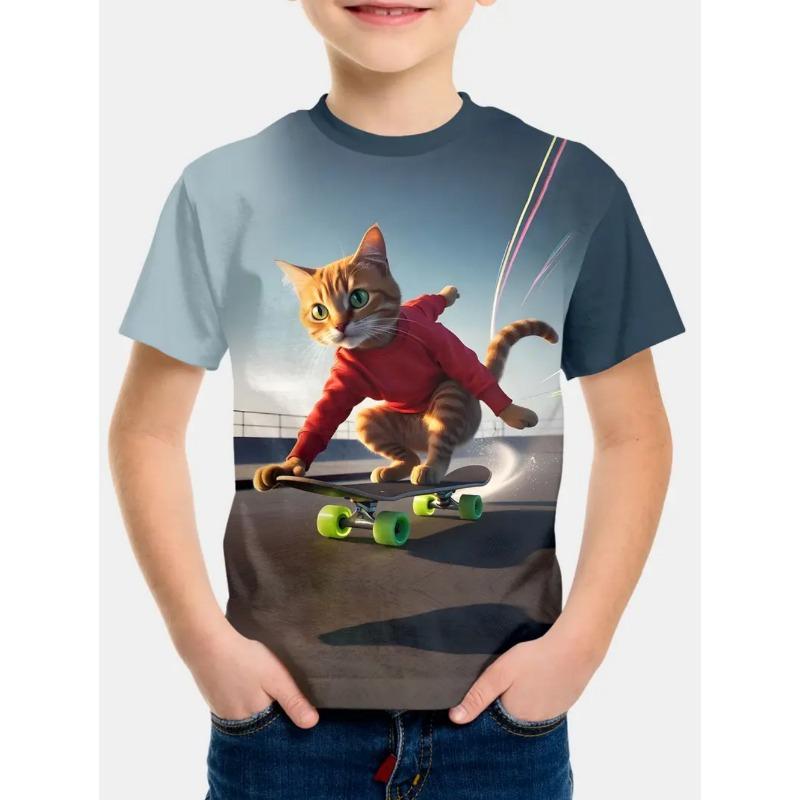 Hip Hop Cat Boys T-Shirt Cute 3D Print Boy Summer Short Sleeve Round Neck Casual Kid Top Outdoor Comfortable Children's Clothing