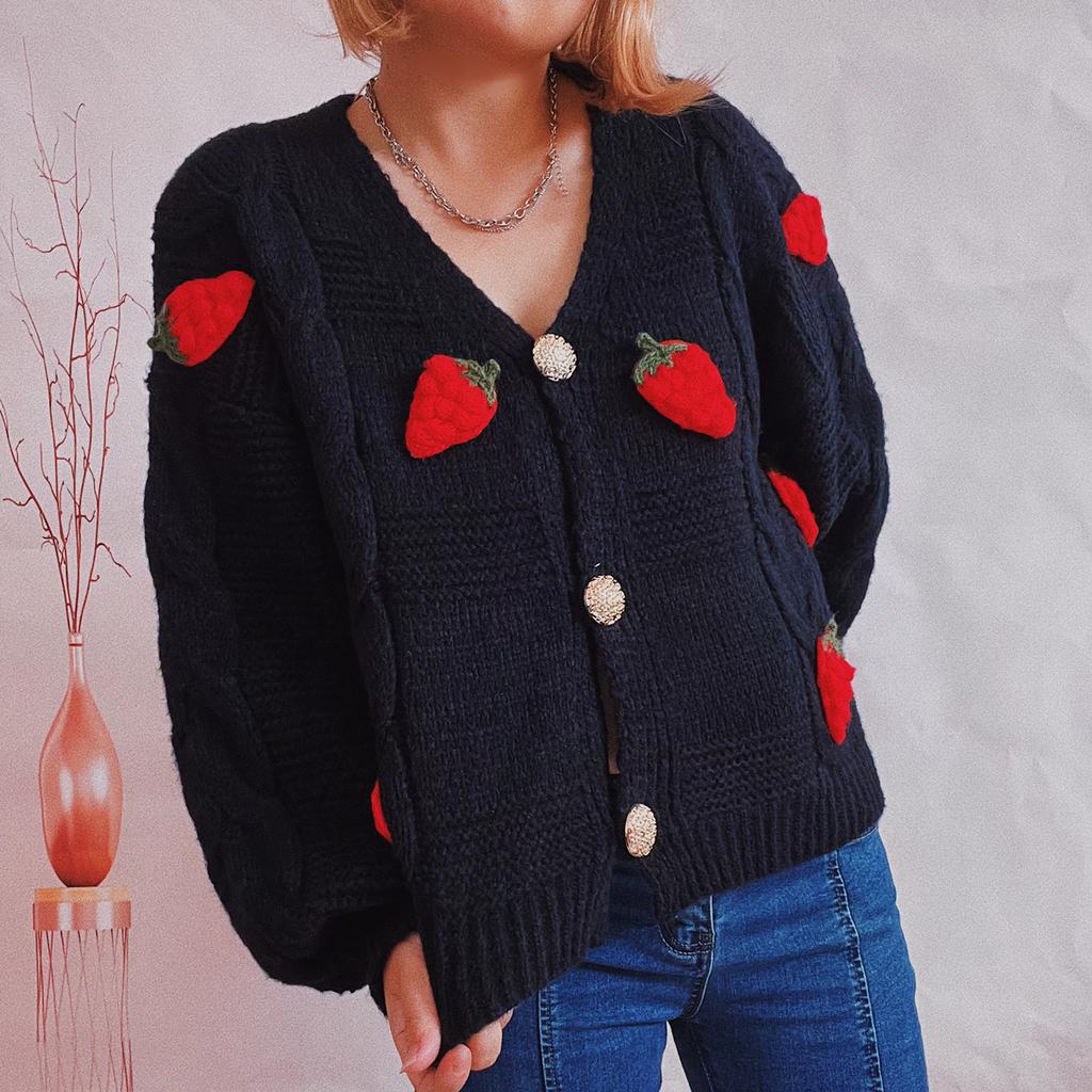 Casual Loose Strawberry Embroidery Thick Fried Dough Twists Single Breasted Knitting Sweater Coat Cardigan Women 3590 KTB