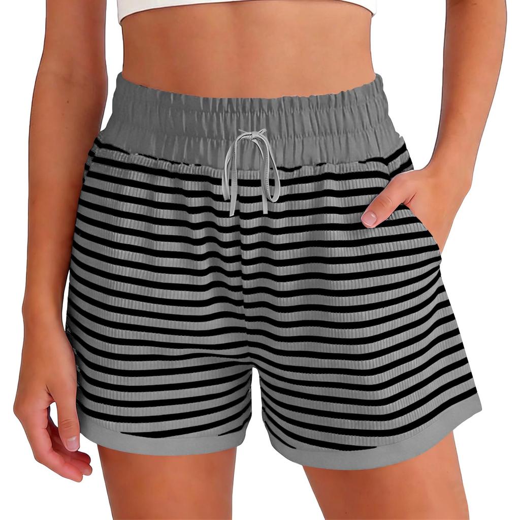 Women's Fashionable Relaxed-fit Striped Shorts With An Elasticated Waist Drawstring And Pockets