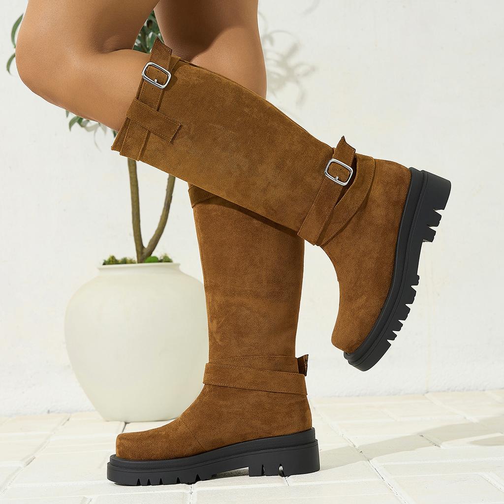 Herbst- und Winter-Freizeitstiefel mit mittlerem Absatz, flachem Boden, großer Größe, vielseitigem Wildleder für große Frauen