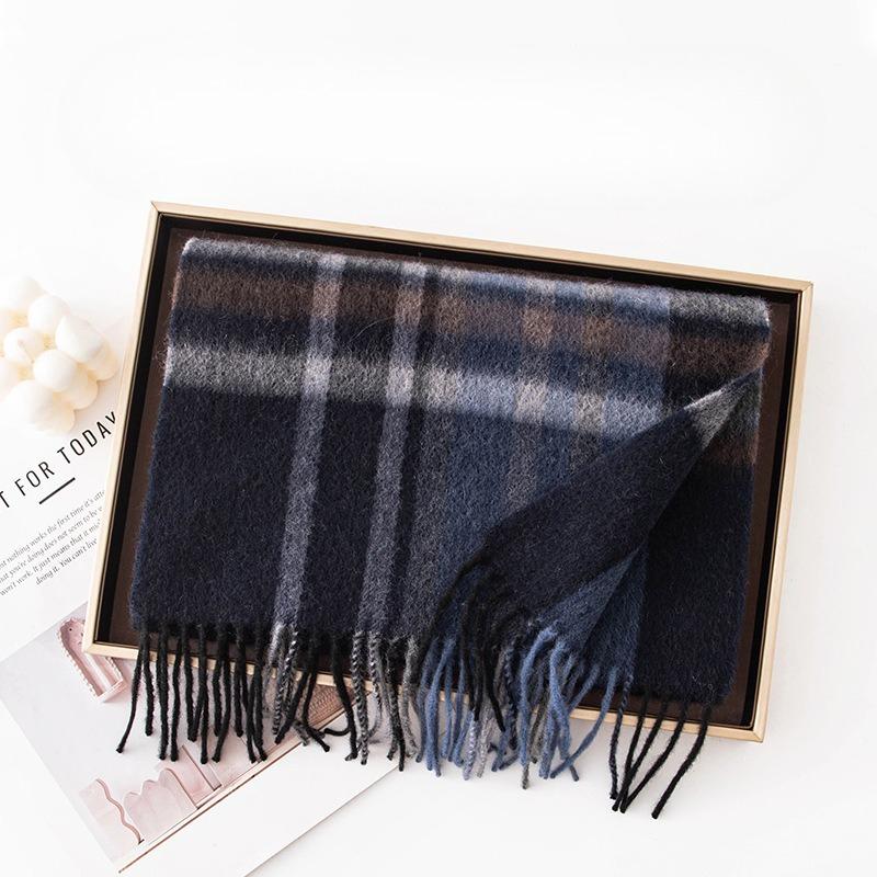 Korean Atmosphere Scarf Pure Cashmere Blue Plaid Scarf for Men Winter High End Cashmere Scarf for Women