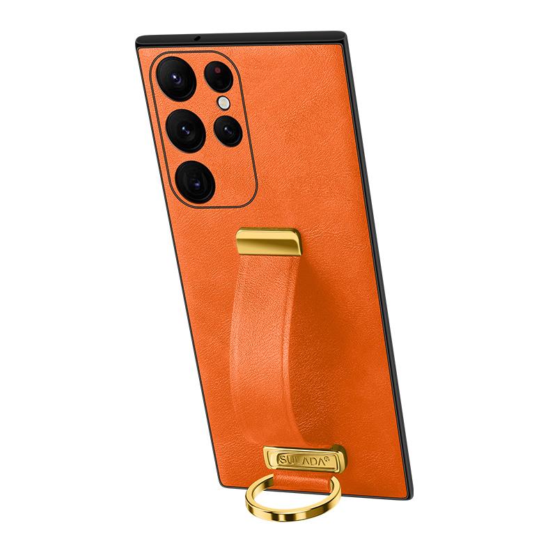Business High End Brand Fashion Wristband Phone Case for Samsung Galaxy S23 S22 Ultra Fold 2 3 Luxury Leather Metal Ring Soft Cases