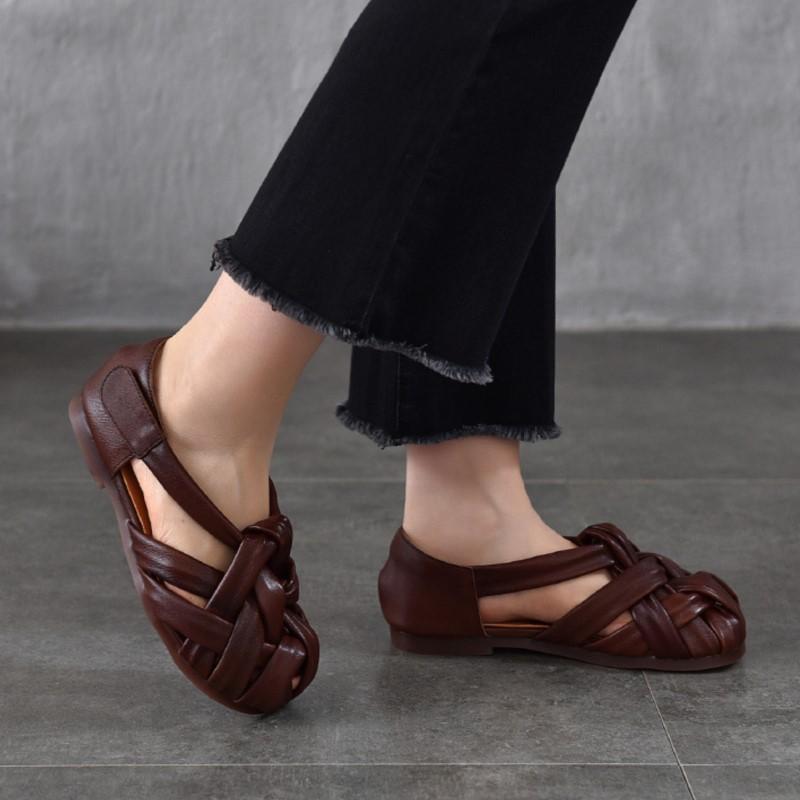 Johnature Genuine Leather Flat Roman Sandals Woven Hollow-out Breathable Women's Shoes