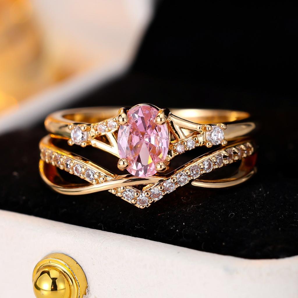 Light Luxury Ins Wind Cross Twisted Arm Pink Zircon Ring Set Everyday Versatile Thin Ring with Full Diamond Stacking Couple Rings