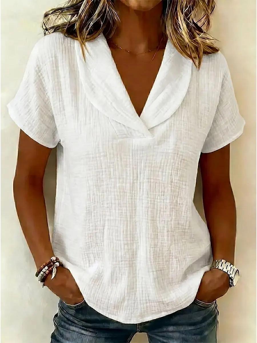 Women s summer knitted short-sleeved top linen butterfly collar European and American, casual S белый