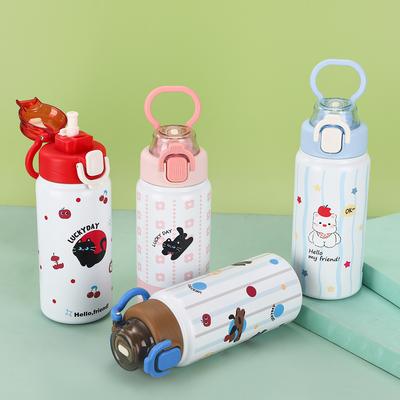 Creative Children's Thermos Cup Simple Stainless Steel Spring Cap Double Drink Straw Cup Outdoor Portable Sports Cup with Handle