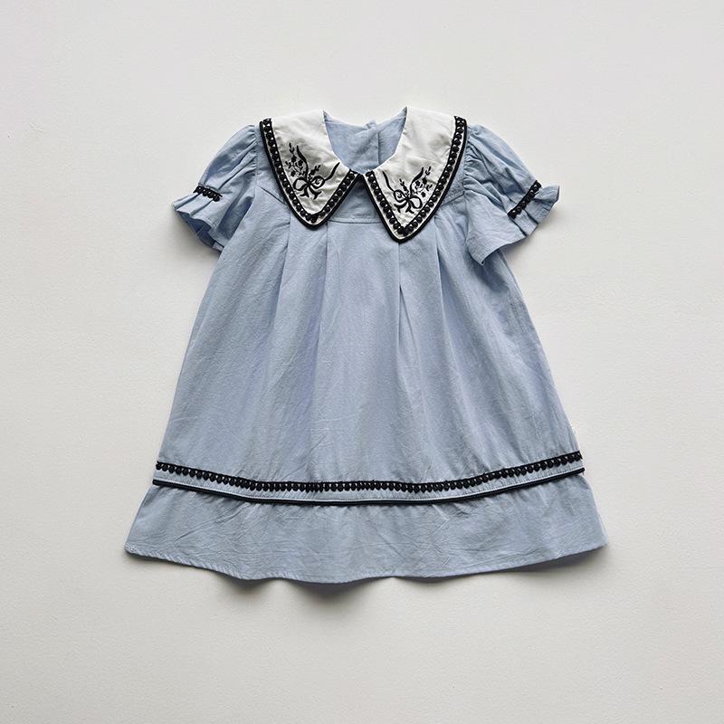 2026 Summer Girls' Princess Dress: French Embroidery with Lace Puff Sleeves and Doll Collar