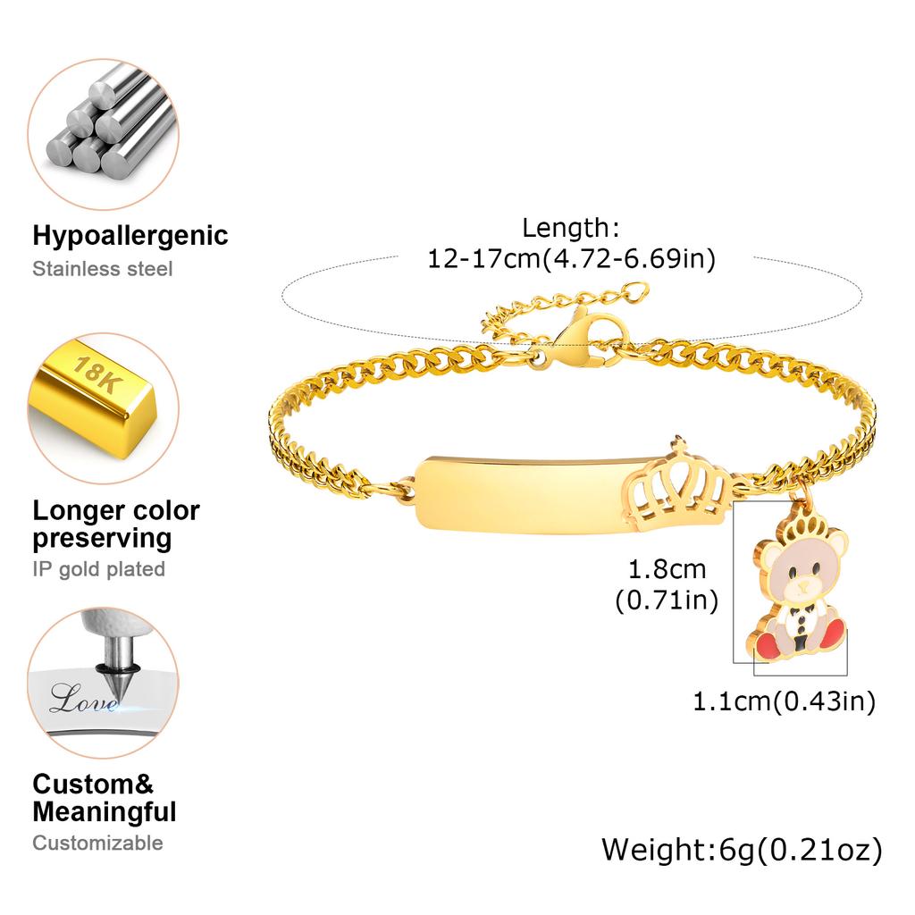 Free Personalize Baby Hollow Crown Bear Bracelet Anti Allergy Stainless Steel Custom Name ID Newborn Infant Baptism Cute Gifts