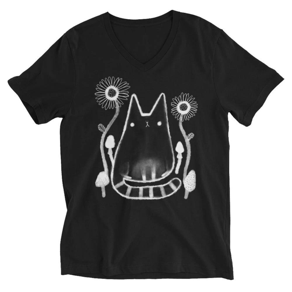 

100% cotton TOPS UNISEX TEES MENS WOMENS T-SHIRT Black Cat Sunflower Mushrooms Folk Art Cat Lover Gifts Graphic Tee M чёрный