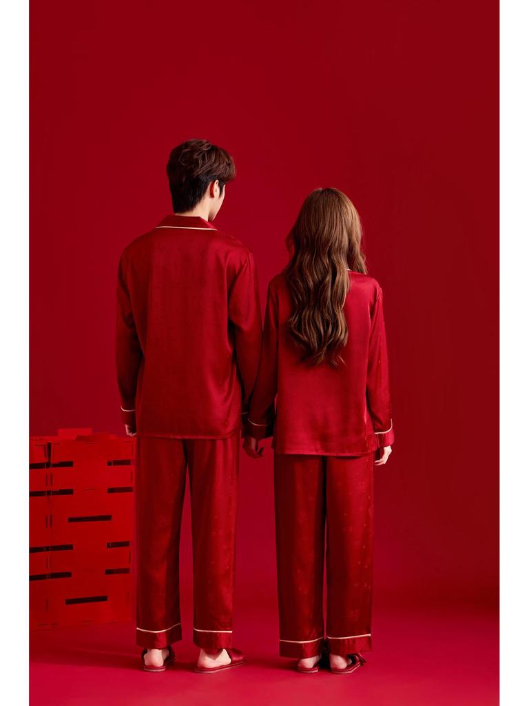Red Double Happiness Embroidered Ice Silk Couple Pajamas Set for Bride and Groom