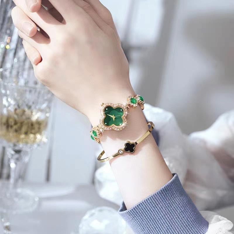 Damklocka Dam Premium Damklocka Grön Klocka Kvarts Diamant Klöver Armbandsur