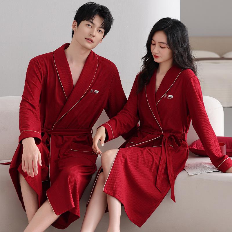 Couple Nightgown Women'S Spring And Autumn Pure Cotton Long-Sleeved Bathrobe Red Men'S Pajamas Couple Outfit
