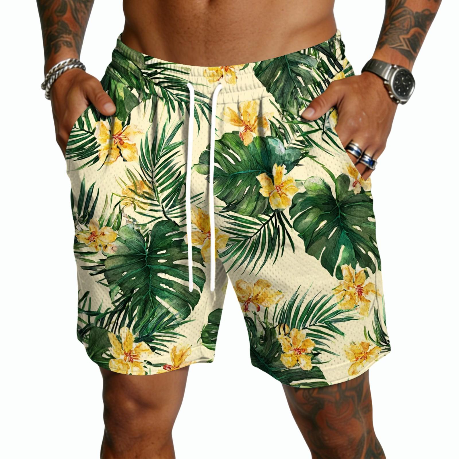 ELORIA Heren Casual Shorts met Trekkoord Taille Lichtgewicht Sneldrogend Vijf Inch Shorts met Tropische Bladprint voor Dagelijks Gebruik en Buitenactiviteiten M groen