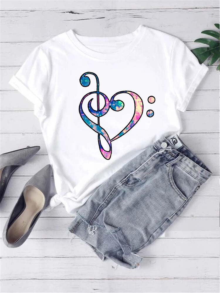 T-shirt Mode Femme Imprimé Notes de Musique T-shirt Décontracté Hauts Noirs Années 90 Dames Filles T-shirt FeUnisex Harajuku T-shirt Graphique