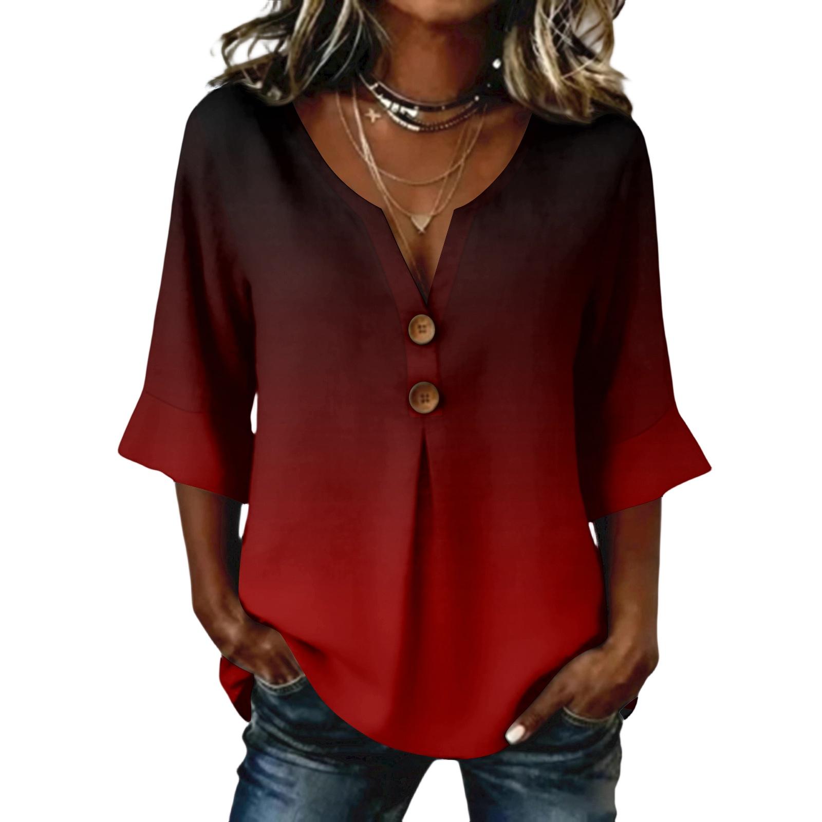 Ladies  gradient printed button casual V-neck fashionable seven quarter sleeve top L