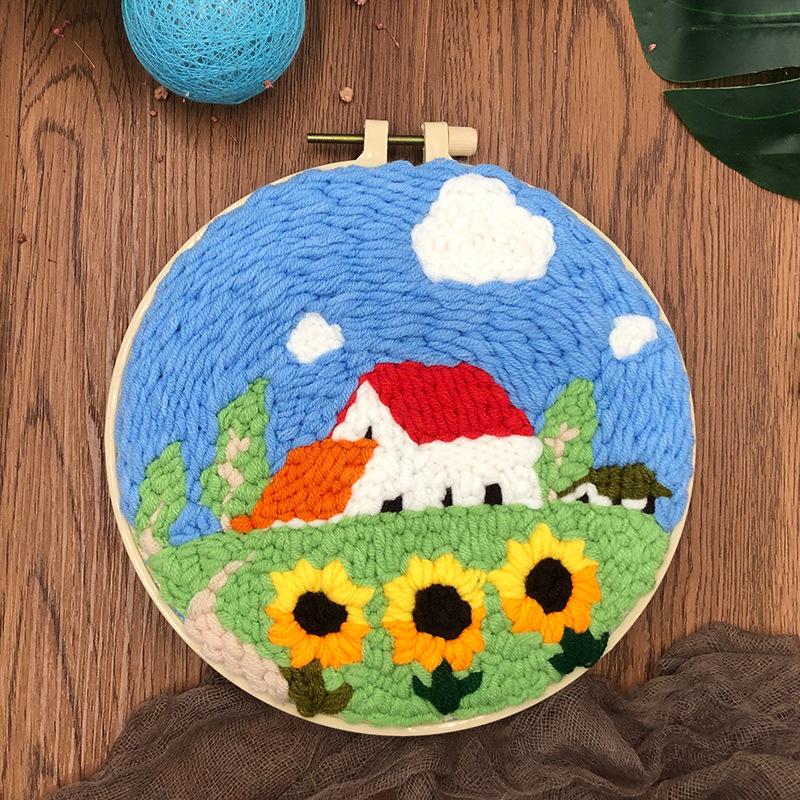 DIY-Sticksets für Anfänger Sonnenblumenmuster Gestempeltes Punch-Needle-Set Landschaftsteppich Hakenkunst mit Stoff Garn Reifen