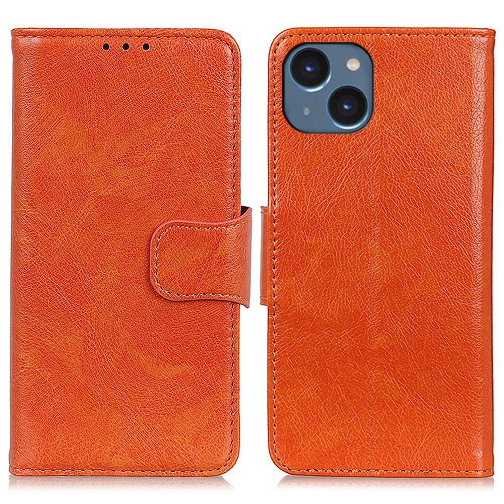 

For iPhone 15 Split Leather Phone Case Nappa Texture Anti-drop Protective Cover with Stand Wallet Orange