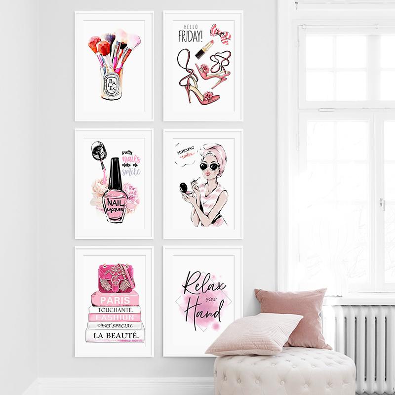 Pink Fashion Wall Posters Perfume Makeups Canvas Painting Wall Art Modern Nails Print Pictures Nordic Girl Bedroom Home Decor
