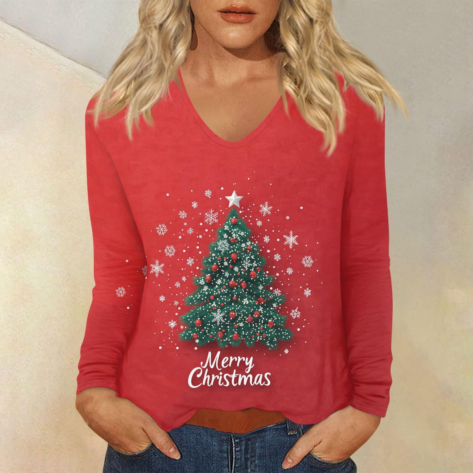 

Женский повседневный повседневный топ с длинными рукавами и рождественским принтом и V-образным вырезом S красный