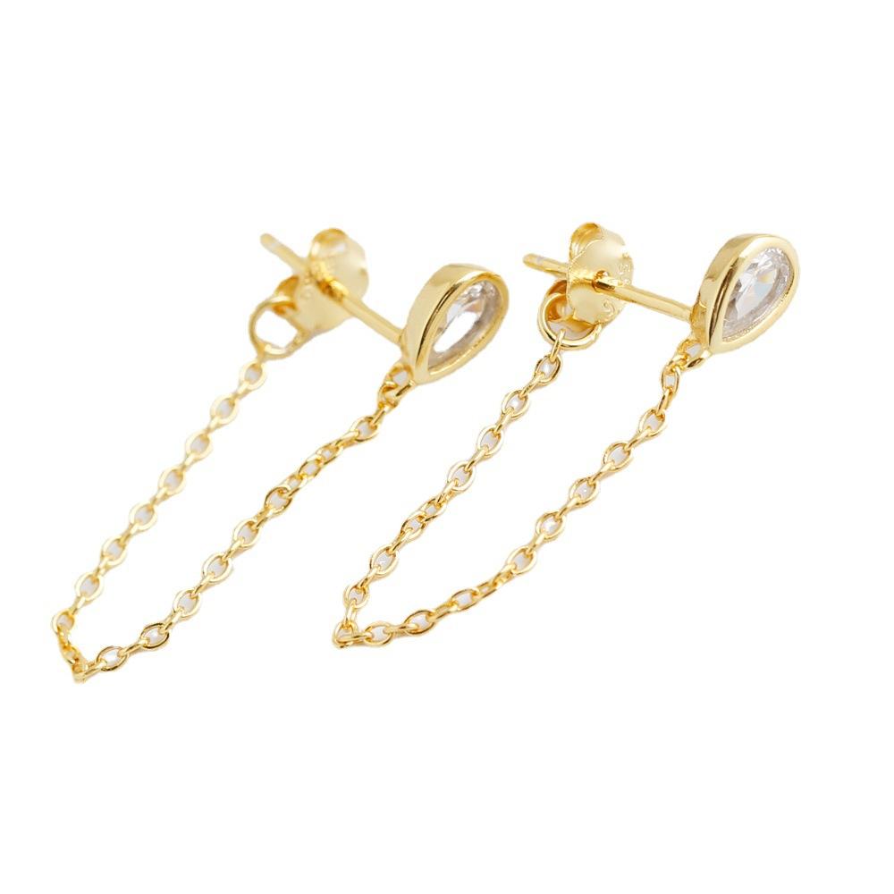 Ins 925 Sterling Silver Long Chain Tassel Oval Water Drop Gold Plated Stud Earrings Jewelry for Women