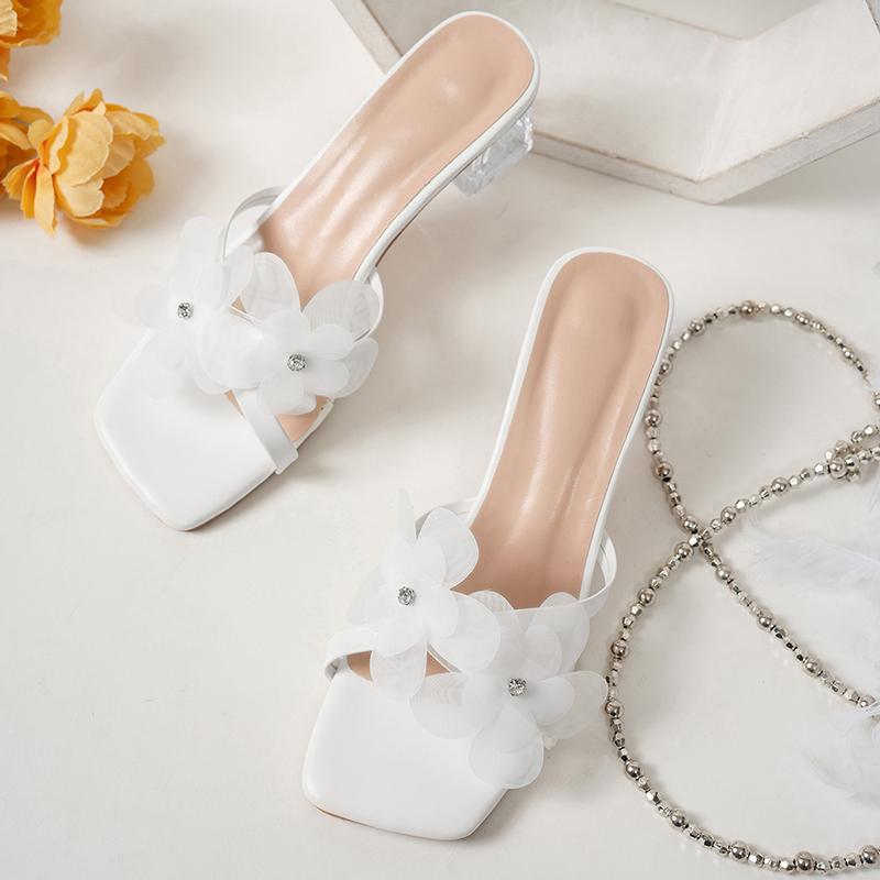 Zapatillas de Verano de Punta Cuadrada con Tacón Alto para Mujer, Decoración de Flores Blancas, Sandalias Transparentes con Tacón, Zapatos de Vestir de Fiesta de Moda para Mujer
