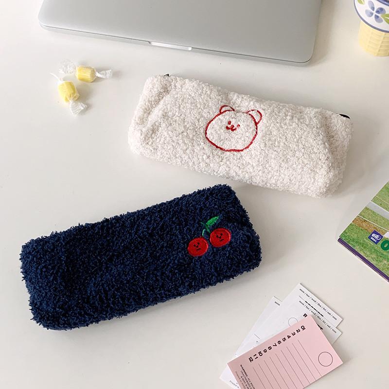 Cherry Plush Pen Case With Large Capacity For Students And Travel Storage