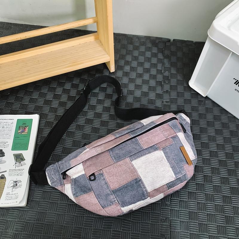 Sacoche Grande Capacité Sac banane en toile pour femmes Grand carreau Denim Sac bandoulière poitrine multifonctionnel Sacs banane à la taille