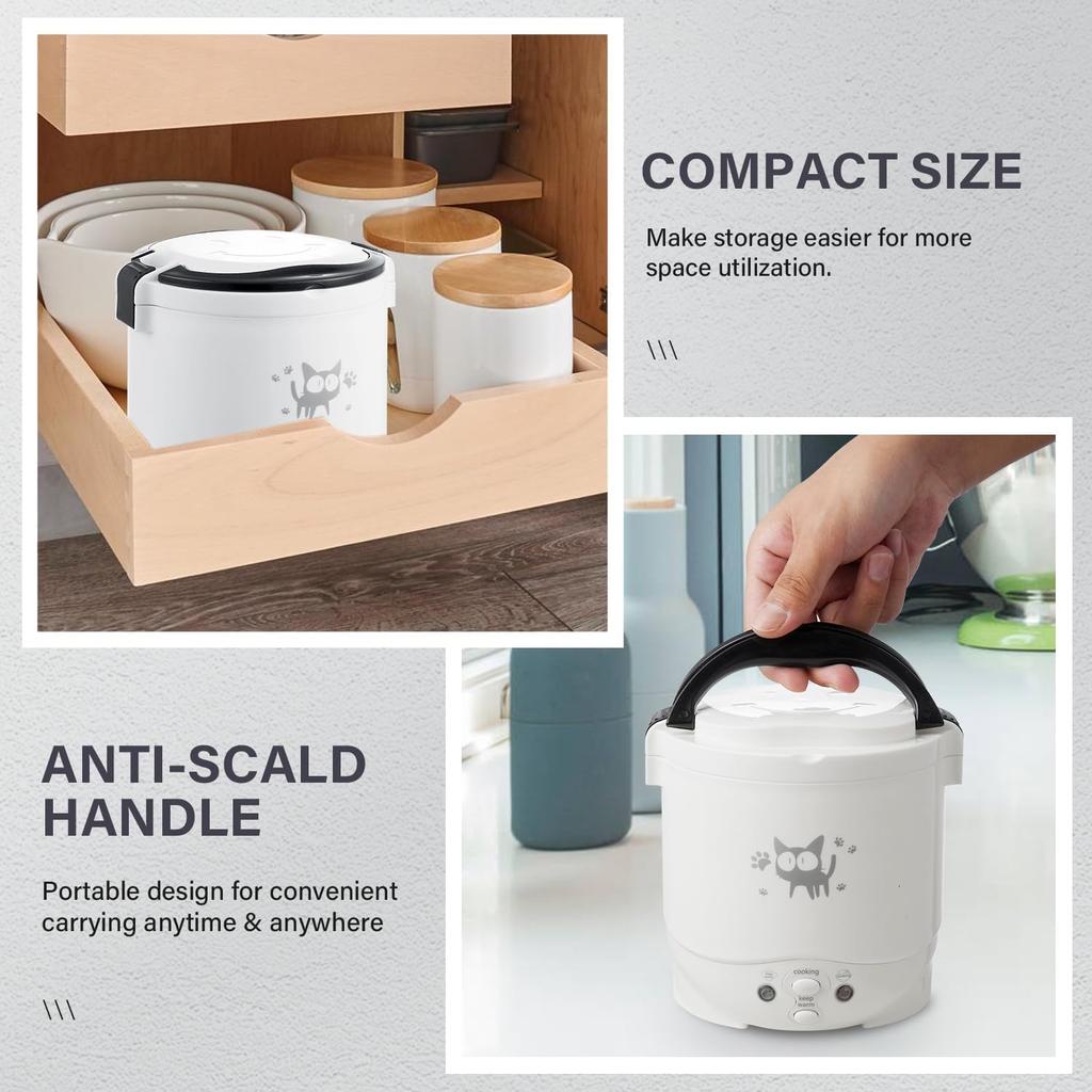 OSBA Mini Rice Cooker, 1L Small Rice Cooker 2 Cup-uncooked Travel Rice Maker 12V for Car with Steamer, Auto Keep Warm Suitable For 1-2 People, White