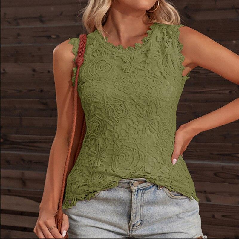 Sleeveless Lace Embroidery Elegant Shirt Woman Summer 2022 Fashion Clothing Casual Blouse Women Slim O Neck Tops Mujer  25946