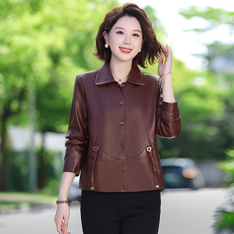 Stilvolle Faltenreduzierende Damen-Lederjacke mit kurzem Revers für Frühling und Herbst