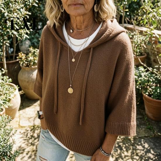 Women Winter Sweater Autumn Knit Pullover Sweater, Loose Fit Drawstring Hooded Casual 3/4 Sleeve Drop Shoulder Solid Color Long Tops