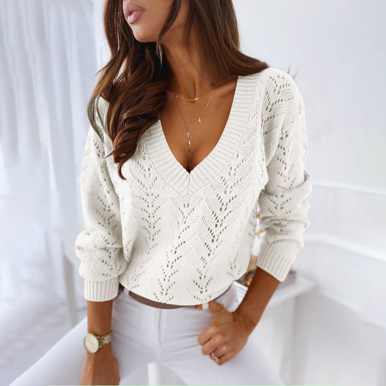 

Женская и зимняя мода однотонный полый V-образный вырез длинный рукав вязаный свитер XXL белый