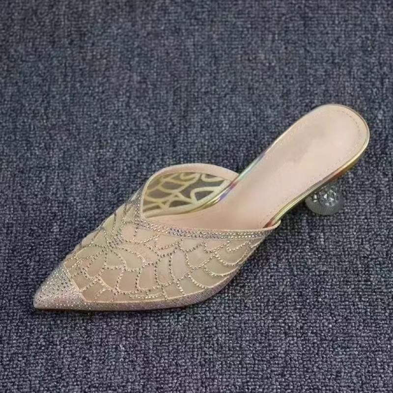Rhinestone baotou half slippers women's thin heels summer new high heels crystal heel hollowed out without heel