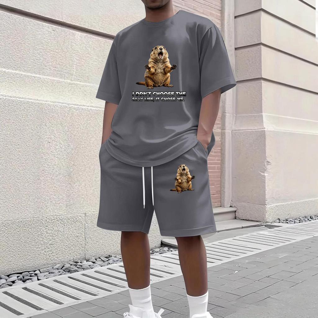 Men's Casual Two Piece Set Short Sleeve Crew Neck T Shirt and Shorts with Animal Print Loose Fit Summer Outfit Comfortable Daily Wear