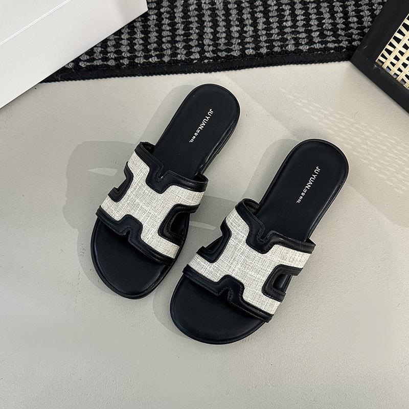 

Французский темперамент, римские шлепанцы на плоской подошве, женская летняя обувь 2025, новые однословные шлепанцы, приморская повседневная ленивая обувь 40 чёрный